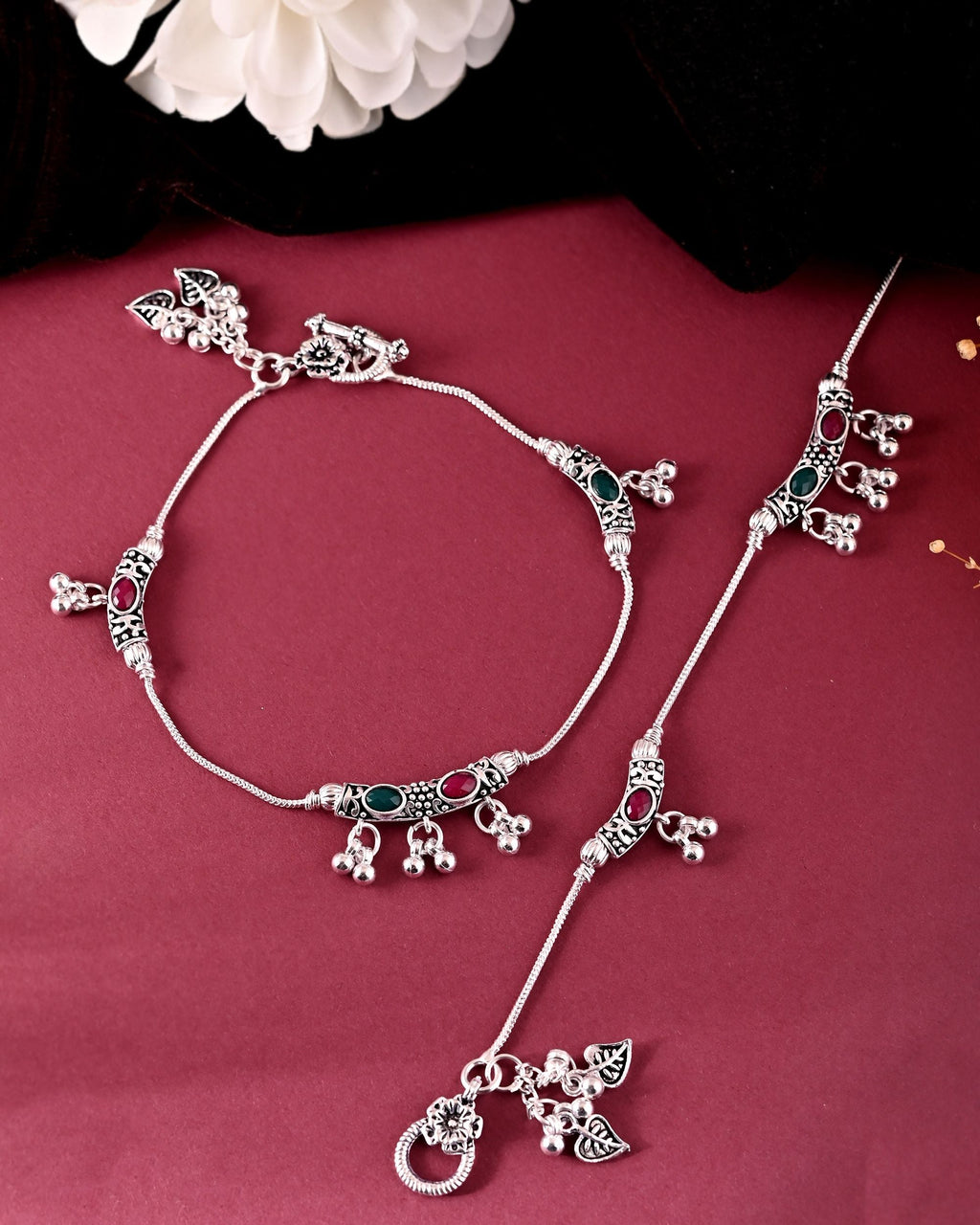 VOJ Set of 2 Silver Toned Meenakari Designed Stainless Steel Anklet - Distacart