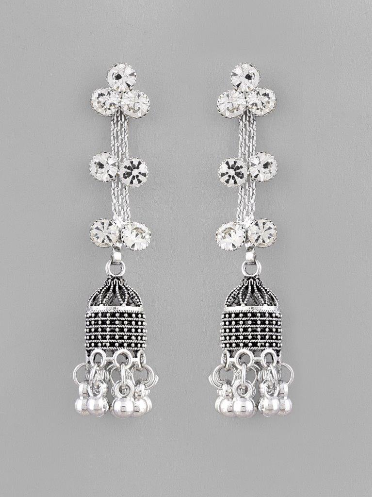 VOJ Studded Oxidised Silver Plated Contemporary Drop Earrings - Distacart