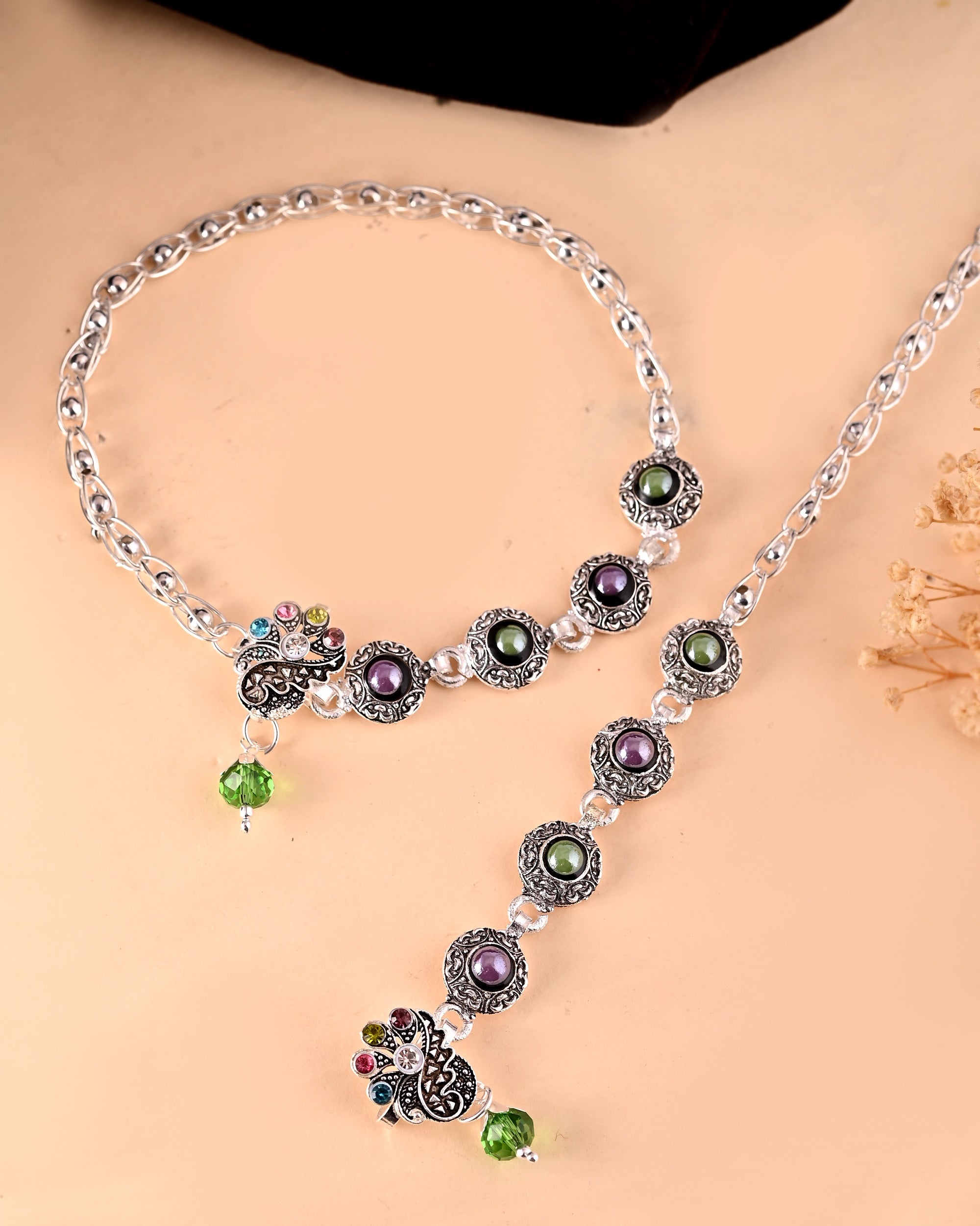 VOJ Set of 2 Handcrafted Stone Studded oxidized Anklet