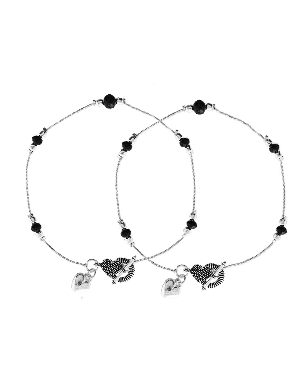VOJ Set of 2 Black Beads Studded Designer Anklet