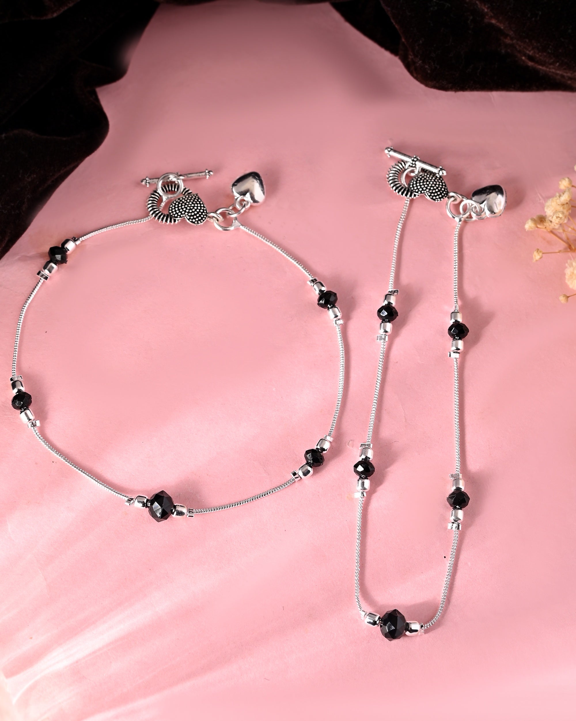 VOJ Set of 2 Black Beads Studded Designer Anklet