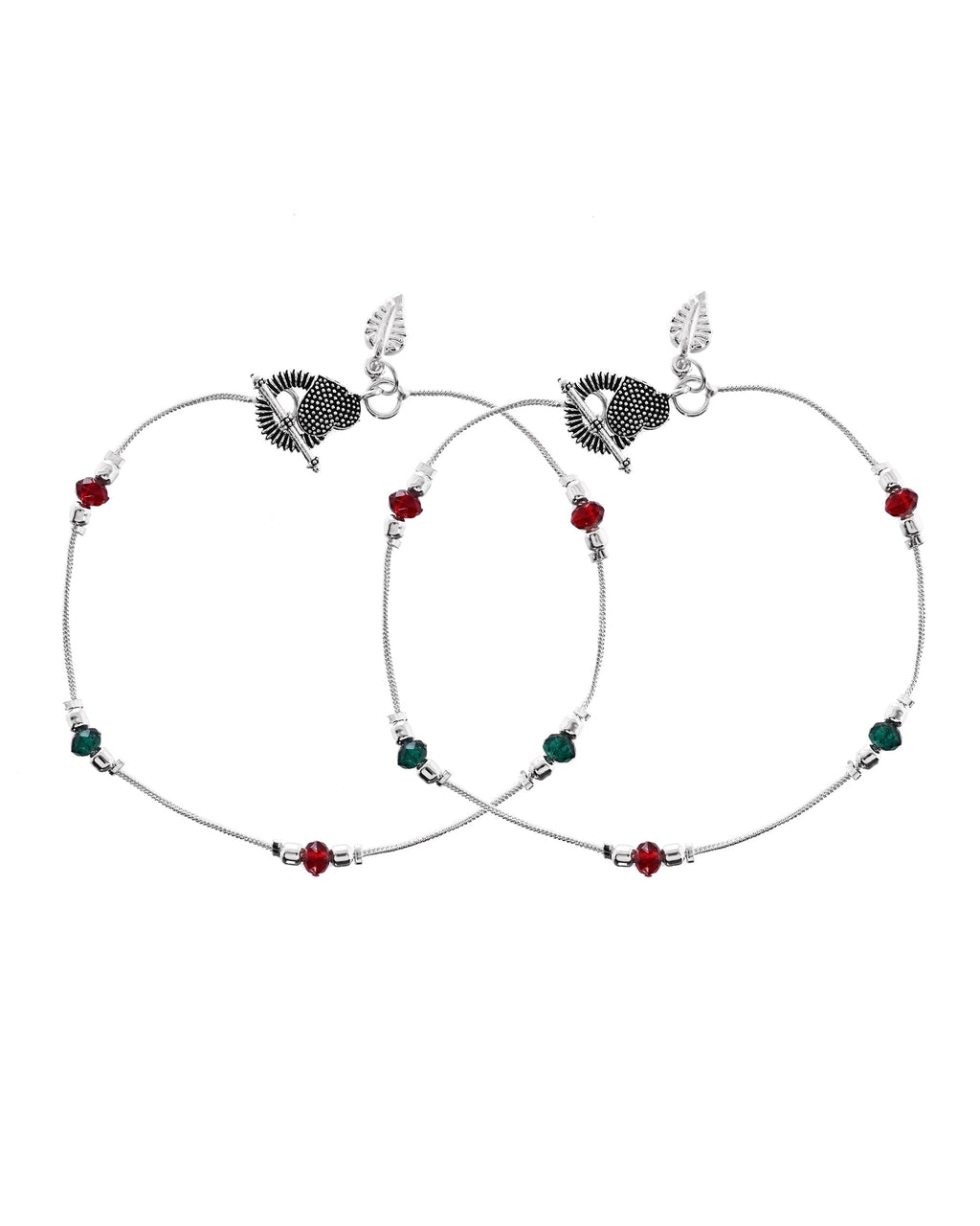 VOJ Set of 2 Silver Toned Handcrafted Artificial Beads Designer Anklet