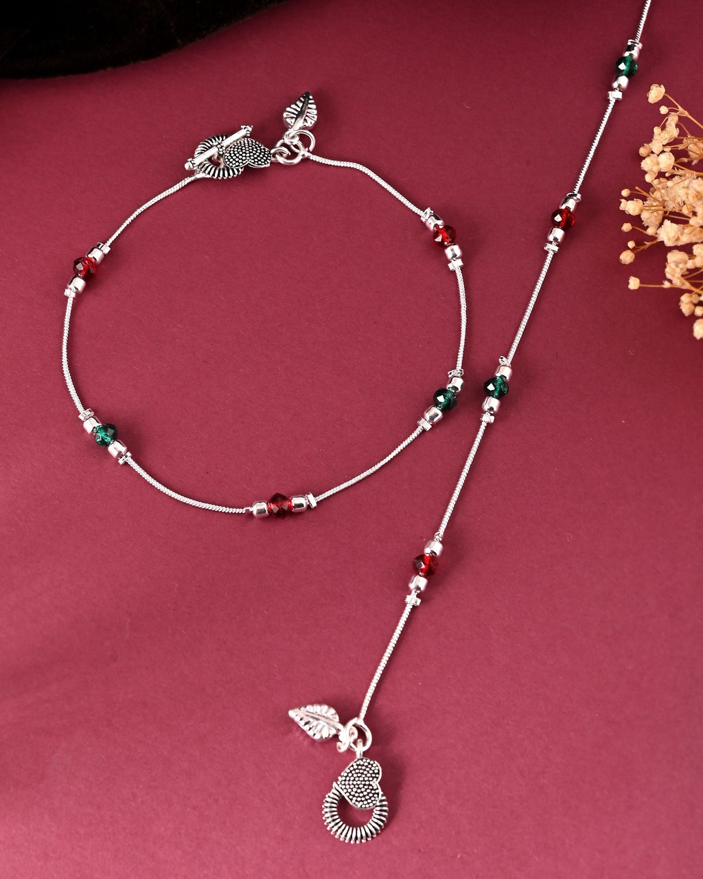 VOJ Set of 2 Silver Toned Handcrafted Artificial Beads Designer Anklet