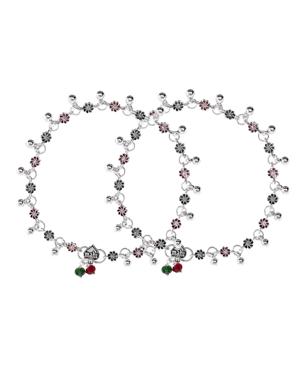 VOJ Set of 2 Silver Plated Floral Designed Meenakari Anklet - Distacart