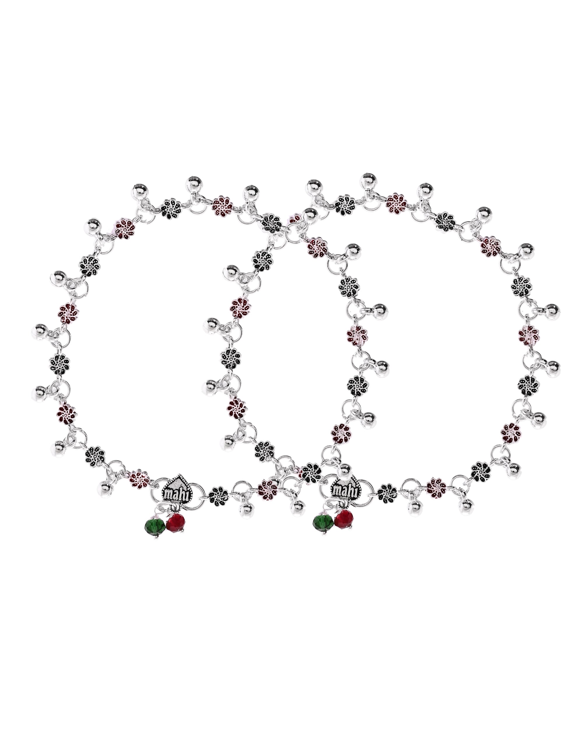 VOJ Set of 2 Silver Plated Floral Designed Meenakari Anklet - Distacart