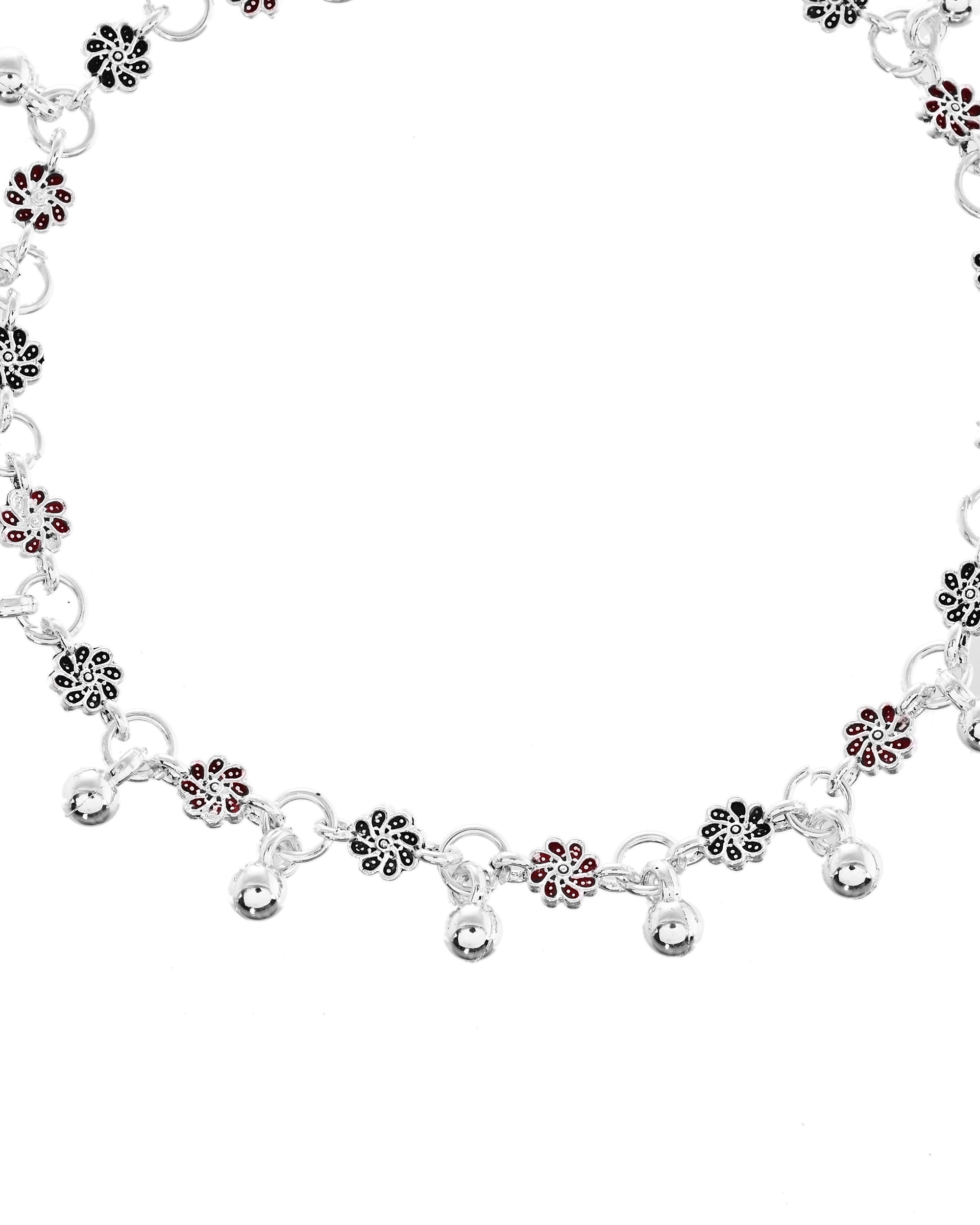 VOJ Set of 2 Silver Plated Floral Designed Meenakari Anklet - Distacart