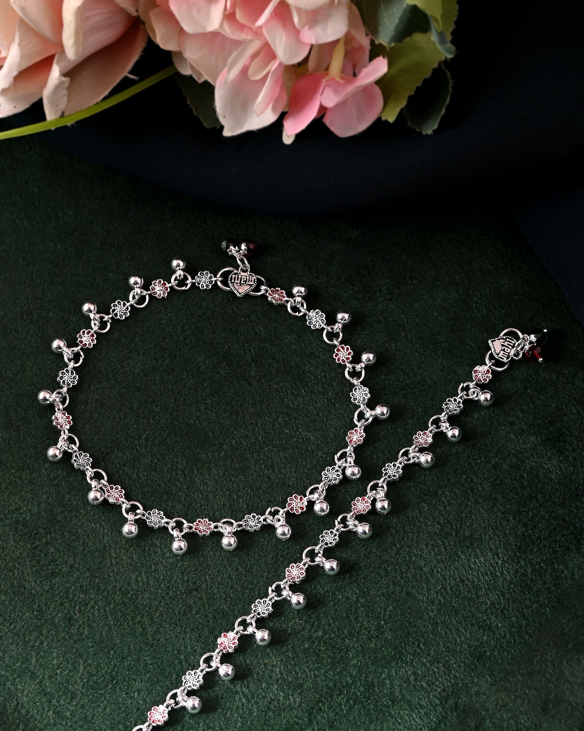 VOJ Set of 2 Silver Plated Floral Designed Meenakari Anklet - Distacart