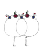 VOJ Set of 2 Silver Plated Circular Designed Stone Studded Anklet