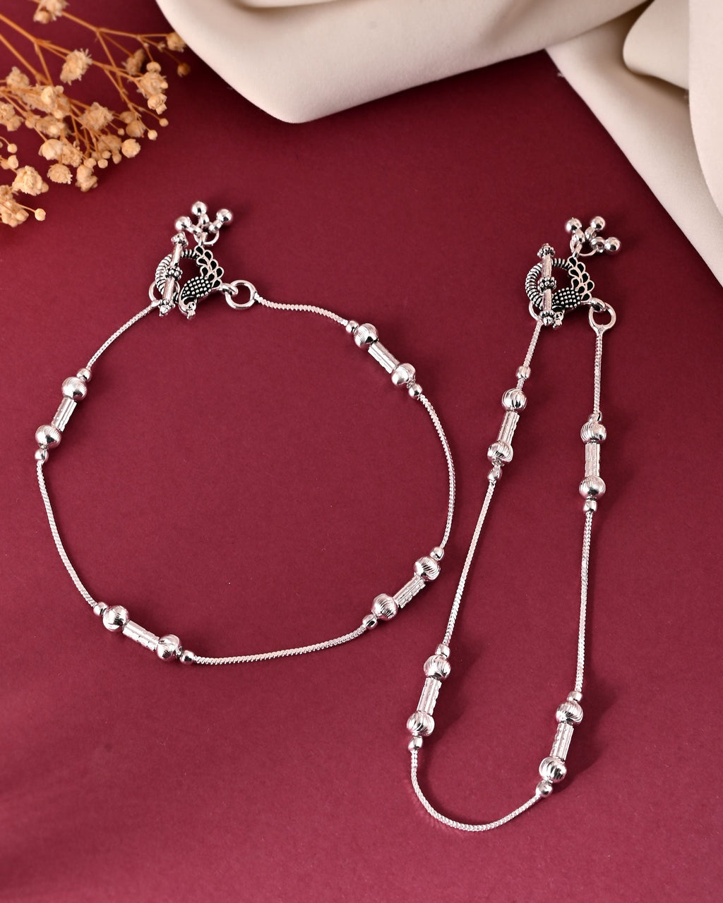 VOJ Set of 2 Silver Plated Pipe Shaped Designer Anklet