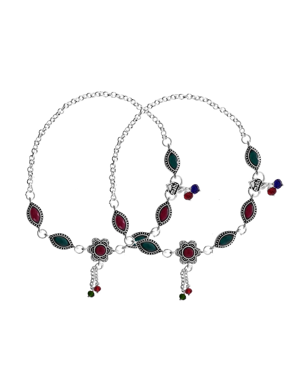 VOJ Set of 2 Silver Plated Floral Shaped Stone Studded Anklet - Distacart