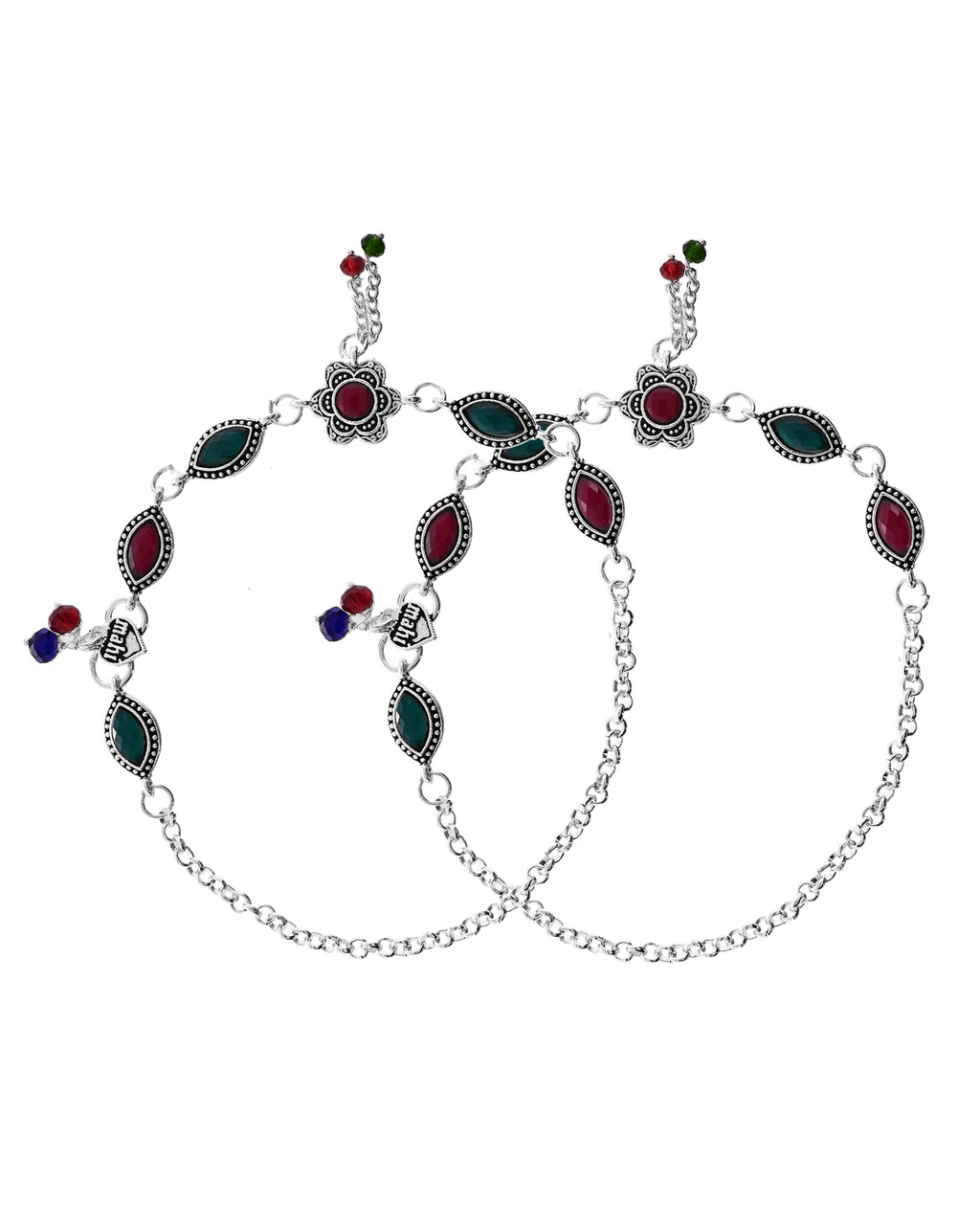 VOJ Set of 2 Silver Plated Floral Shaped Stone Studded Anklet - Distacart