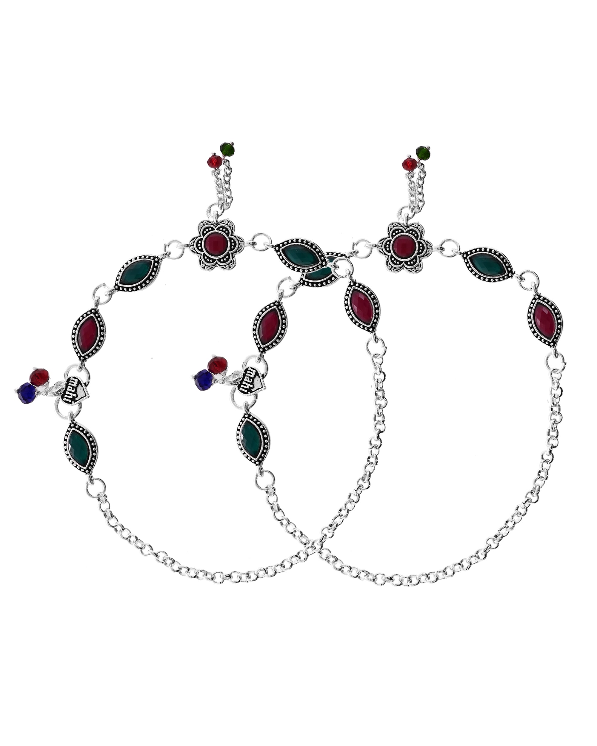 VOJ Set of 2 Silver Plated Floral Shaped Stone Studded Anklet - Distacart