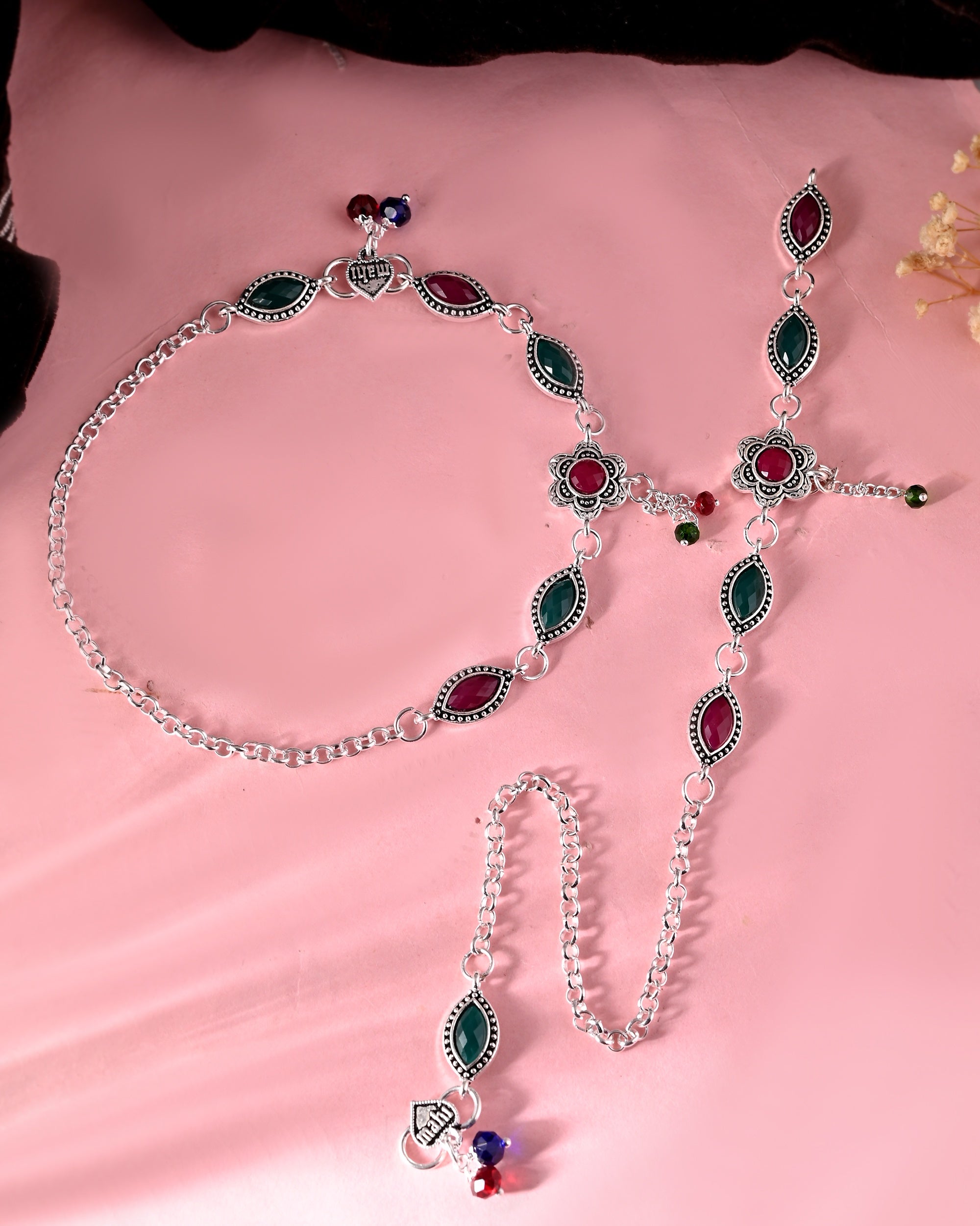 VOJ Set of 2 Silver Plated Floral Shaped Stone Studded Anklet - Distacart