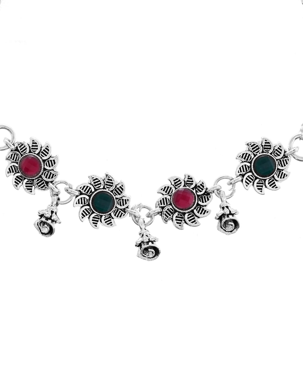VOJ Set of 2 Silver Plated Floral Designed Stone Studded Anklet