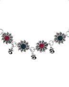 VOJ Set of 2 Silver Plated Floral Designed Stone Studded Anklet