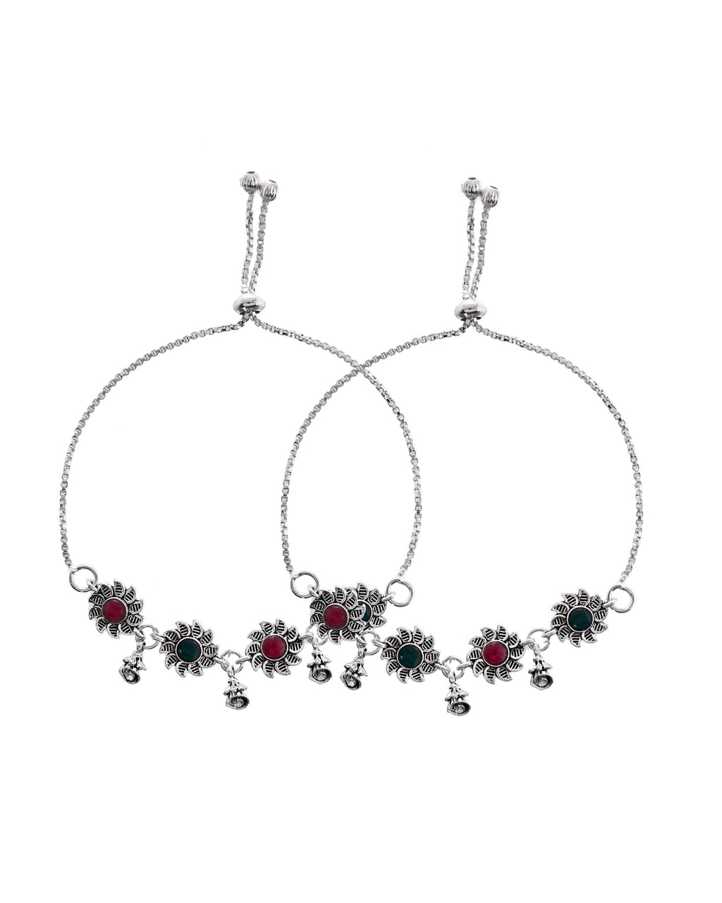VOJ Set of 2 Silver Plated Floral Designed Stone Studded Anklet