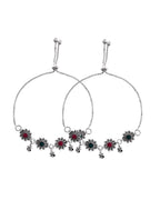 VOJ Set of 2 Silver Plated Floral Designed Stone Studded Anklet