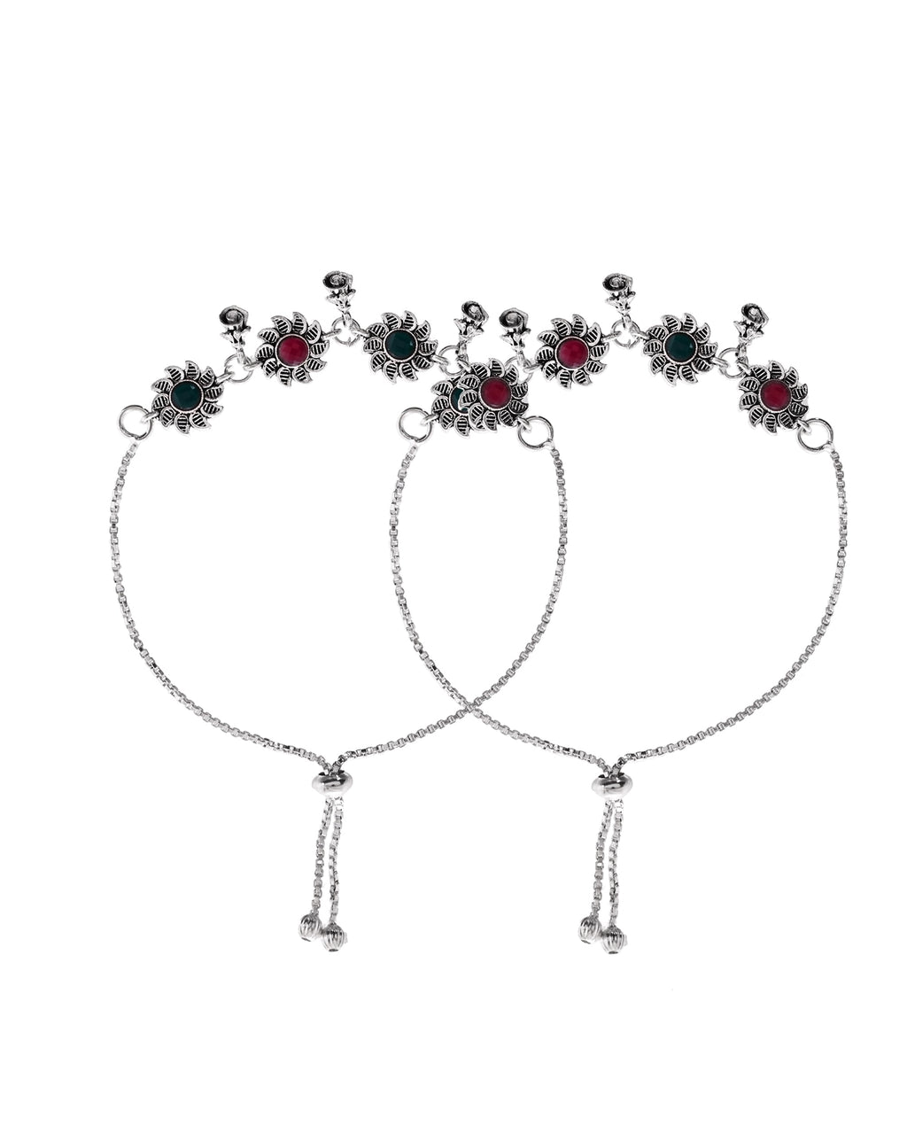 VOJ Set of 2 Silver Plated Floral Designed Stone Studded Anklet