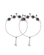 VOJ Set of 2 Silver Plated Floral Designed Stone Studded Anklet