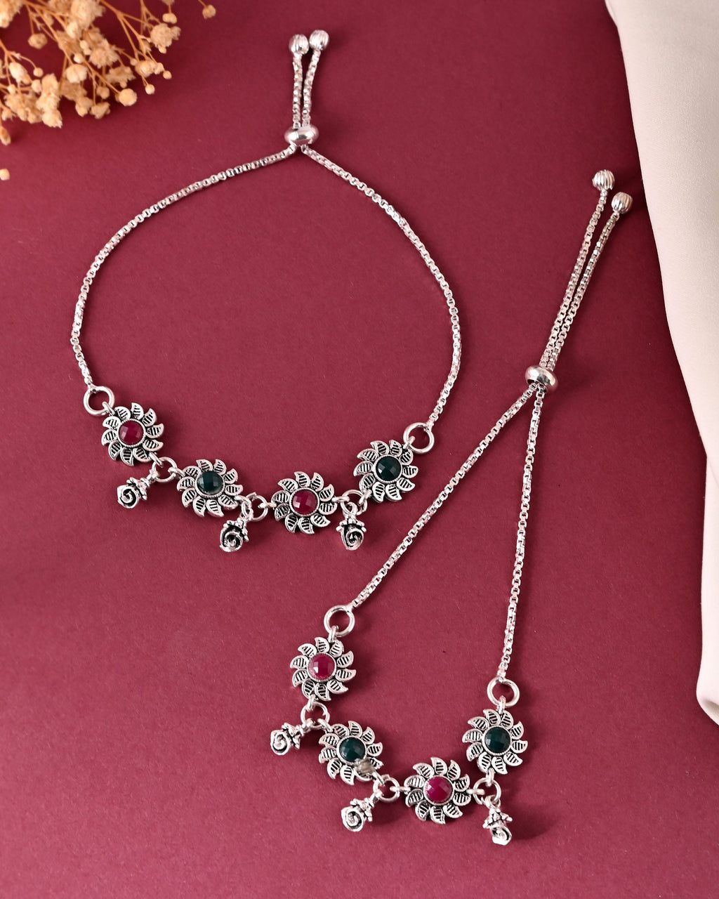 VOJ Set of 2 Silver Plated Floral Designed Stone Studded Anklet