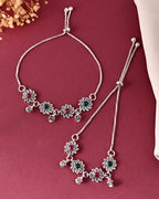VOJ Set of 2 Silver Plated Floral Designed Stone Studded Anklet