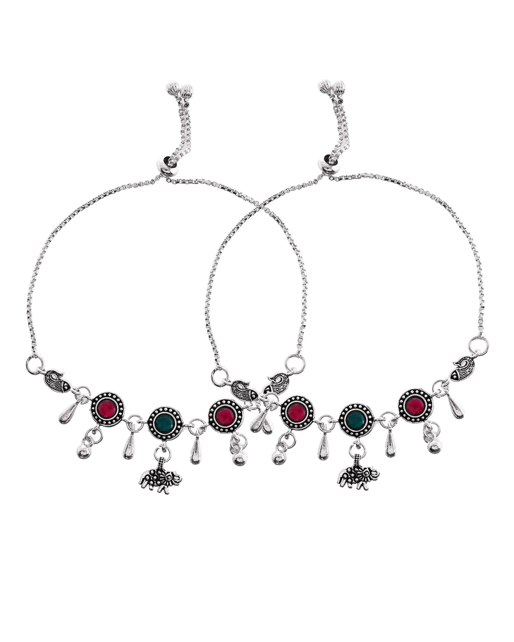 VOJ Set of 2 Silver Plated Stone Studded Designer Anklet