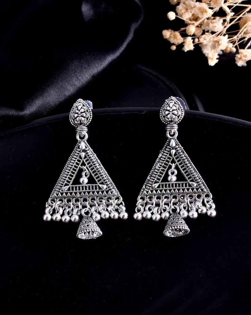 VOJ Studded Triangle Oxidised Silver Plated Contemporary Drop Earrings - Distacart
