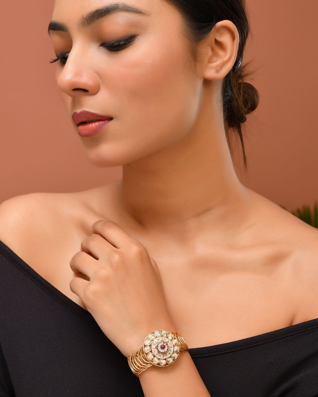 VOJ Stainless Steel Gold Polished Kundan Studded Wraparound Circular Bracelet - Distacart