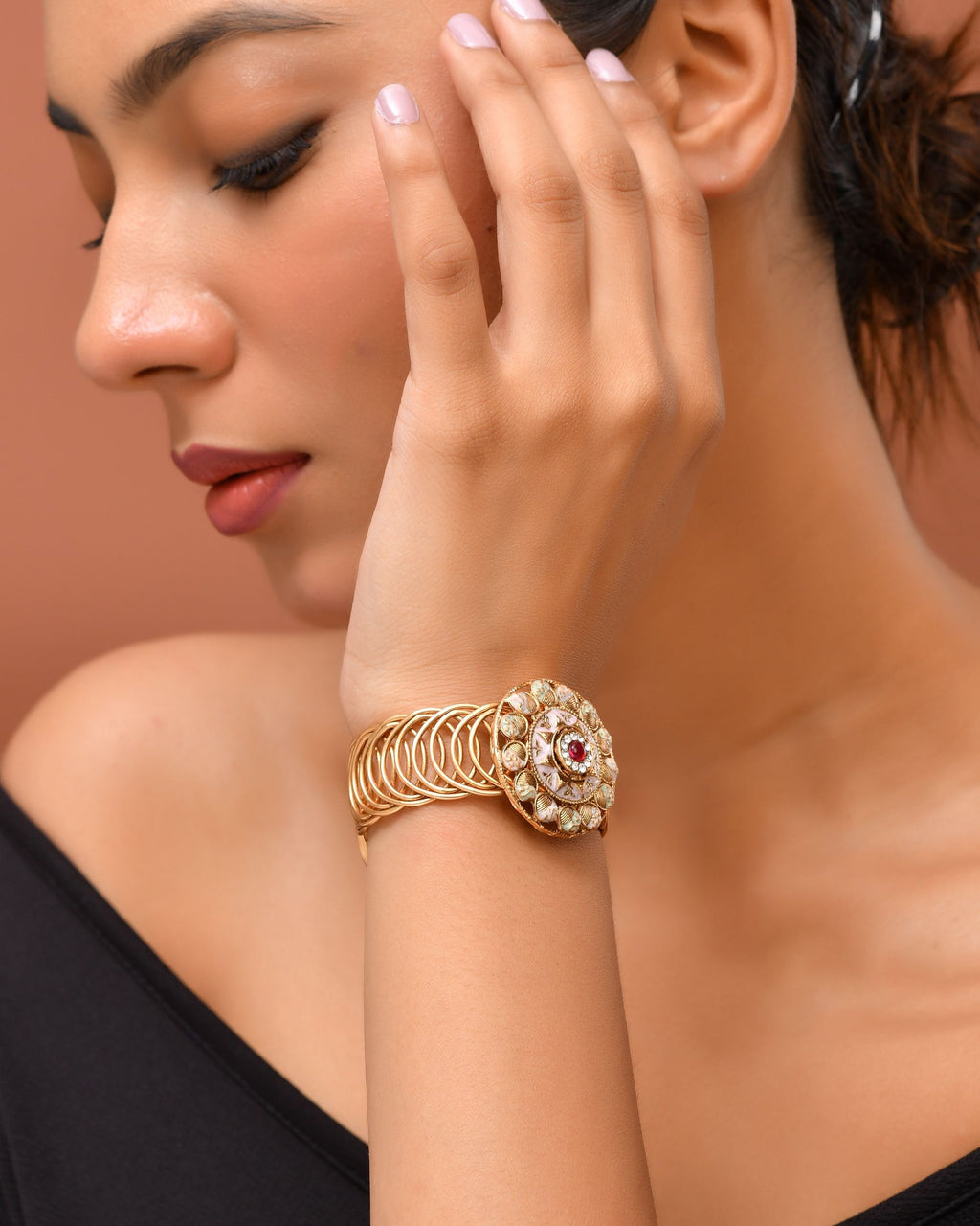 VOJ Stainless Steel Gold Polished Kundan Studded Wraparound Circular Bracelet - Distacart