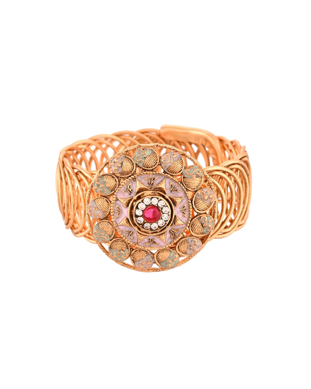 VOJ Stainless Steel Gold Polished Kundan Studded Wraparound Circular Bracelet - Distacart
