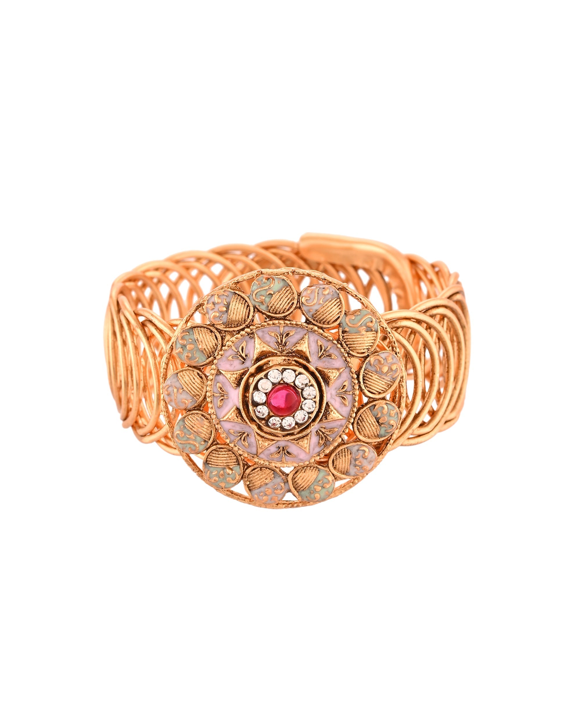 VOJ Stainless Steel Gold Polished Kundan Studded Wraparound Circular Bracelet - Distacart