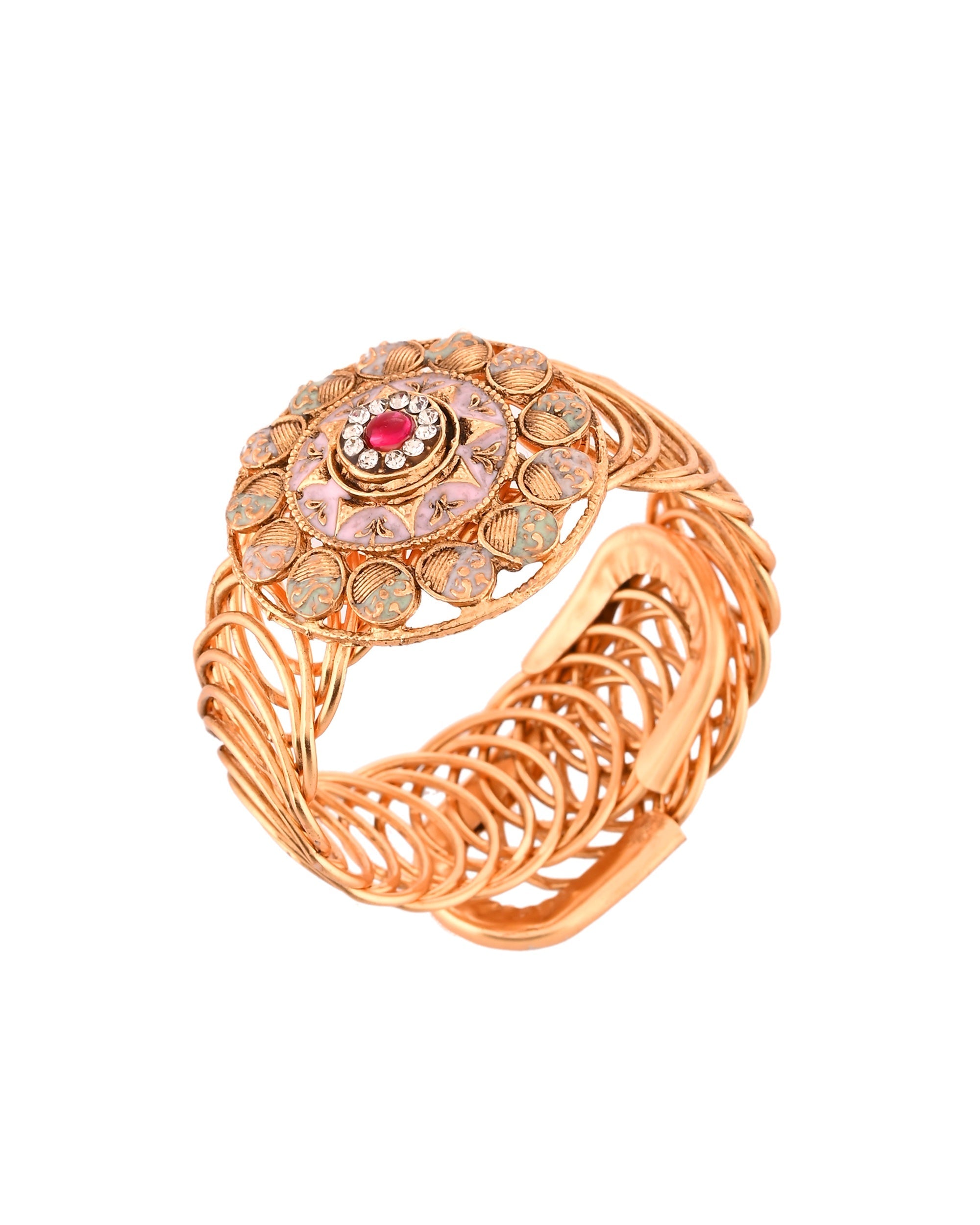 VOJ Stainless Steel Gold Polished Kundan Studded Wraparound Circular Bracelet - Distacart