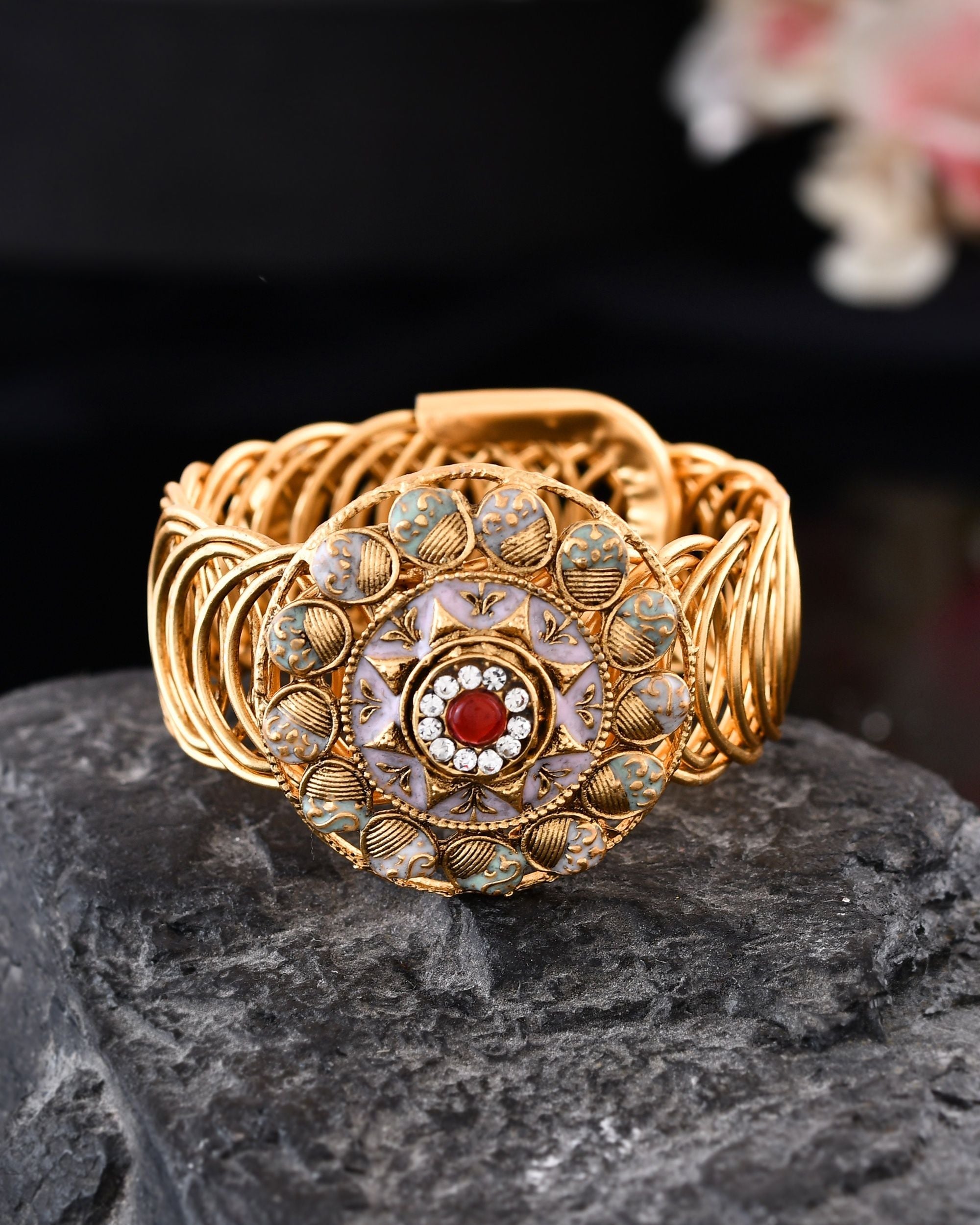 VOJ Stainless Steel Gold Polished Kundan Studded Wraparound Circular Bracelet - Distacart