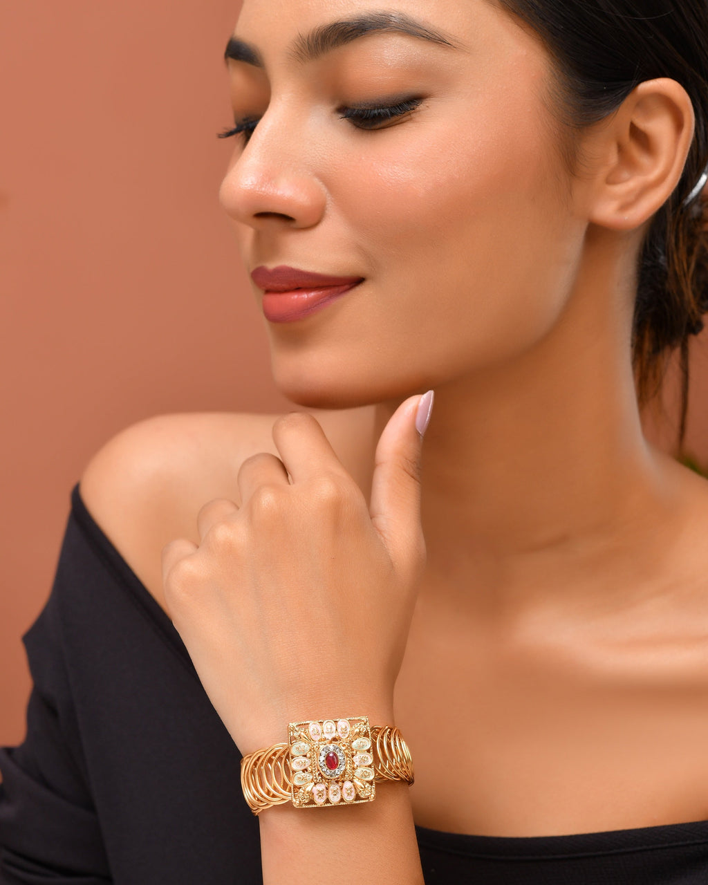 VOJ Stainless Steel Gold Polished Kundan Studded Wraparound Square Bracelet - Distacart