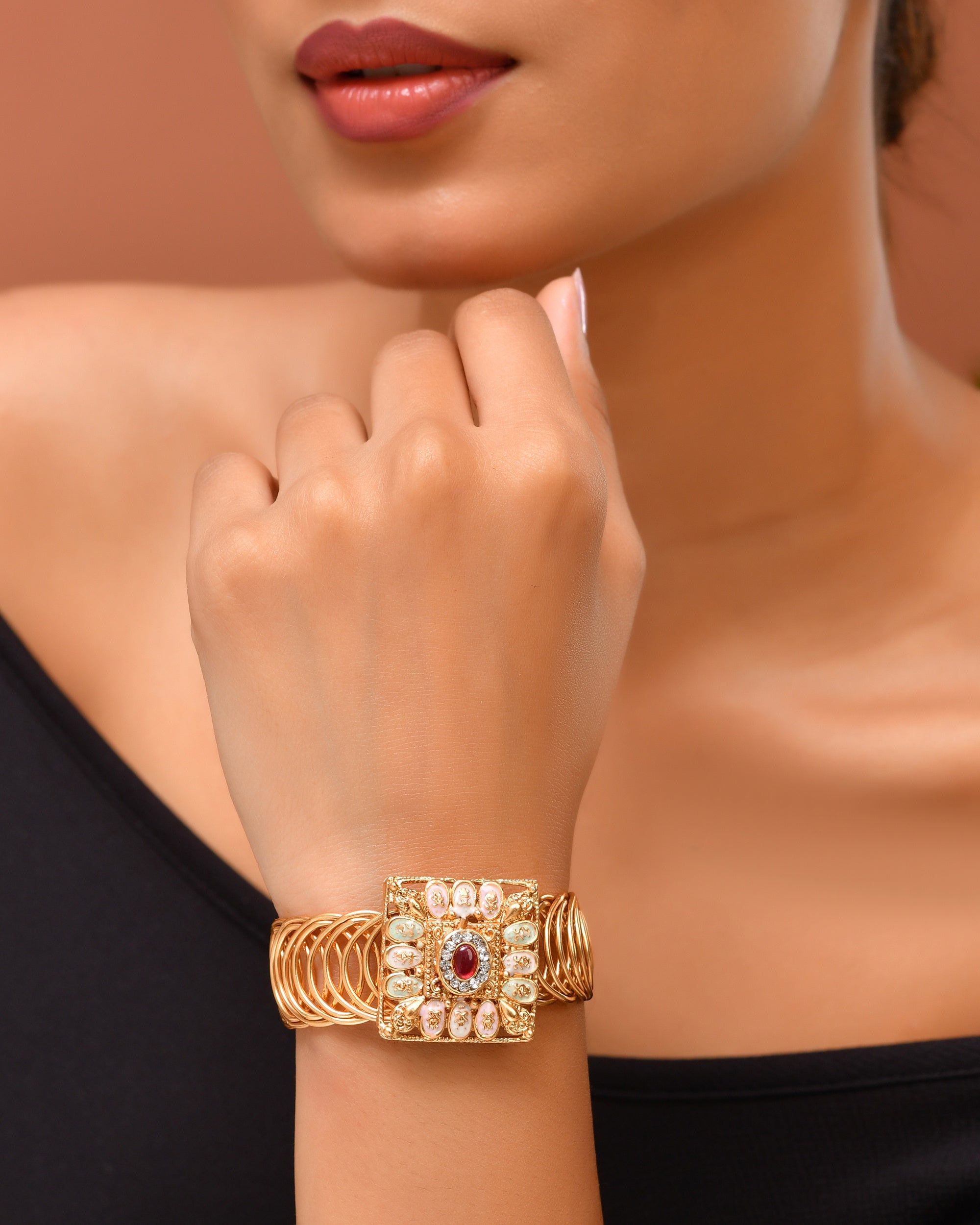 VOJ Stainless Steel Gold Polished Kundan Studded Wraparound Square Bracelet - Distacart
