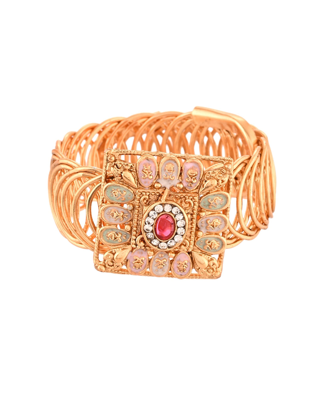VOJ Stainless Steel Gold Polished Kundan Studded Wraparound Square Bracelet - Distacart