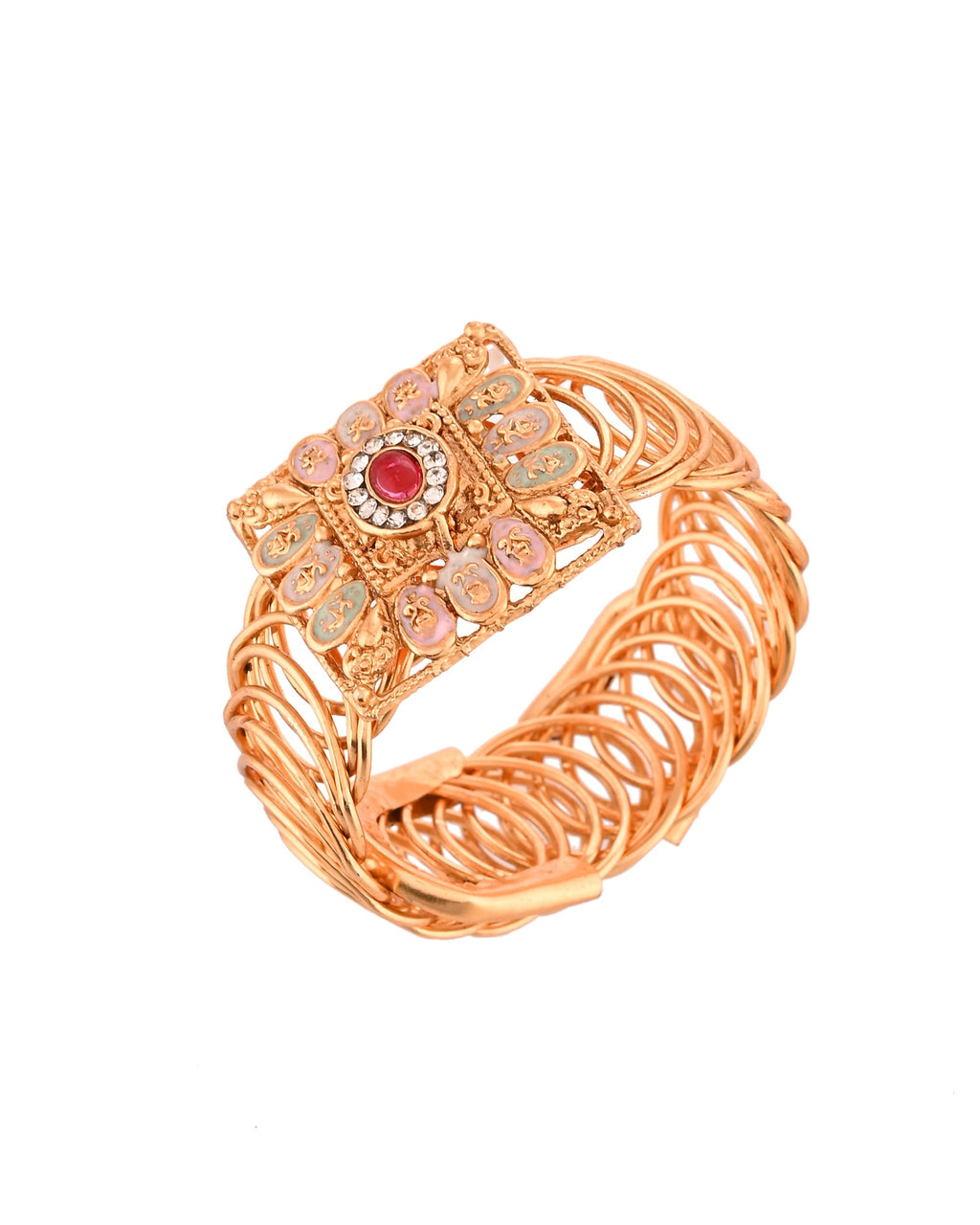 VOJ Stainless Steel Gold Polished Kundan Studded Wraparound Square Bracelet - Distacart