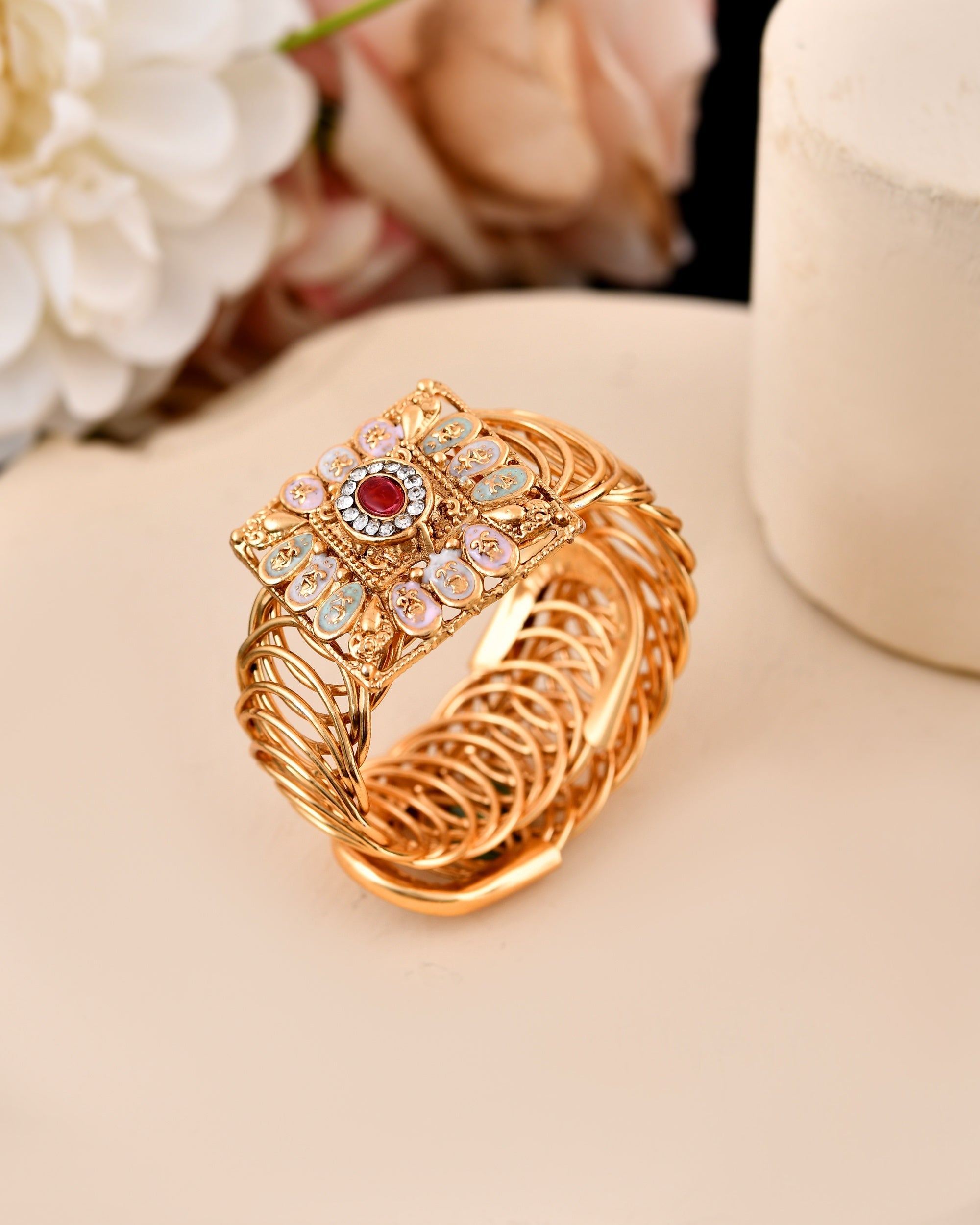 VOJ Stainless Steel Gold Polished Kundan Studded Wraparound Square Bracelet - Distacart