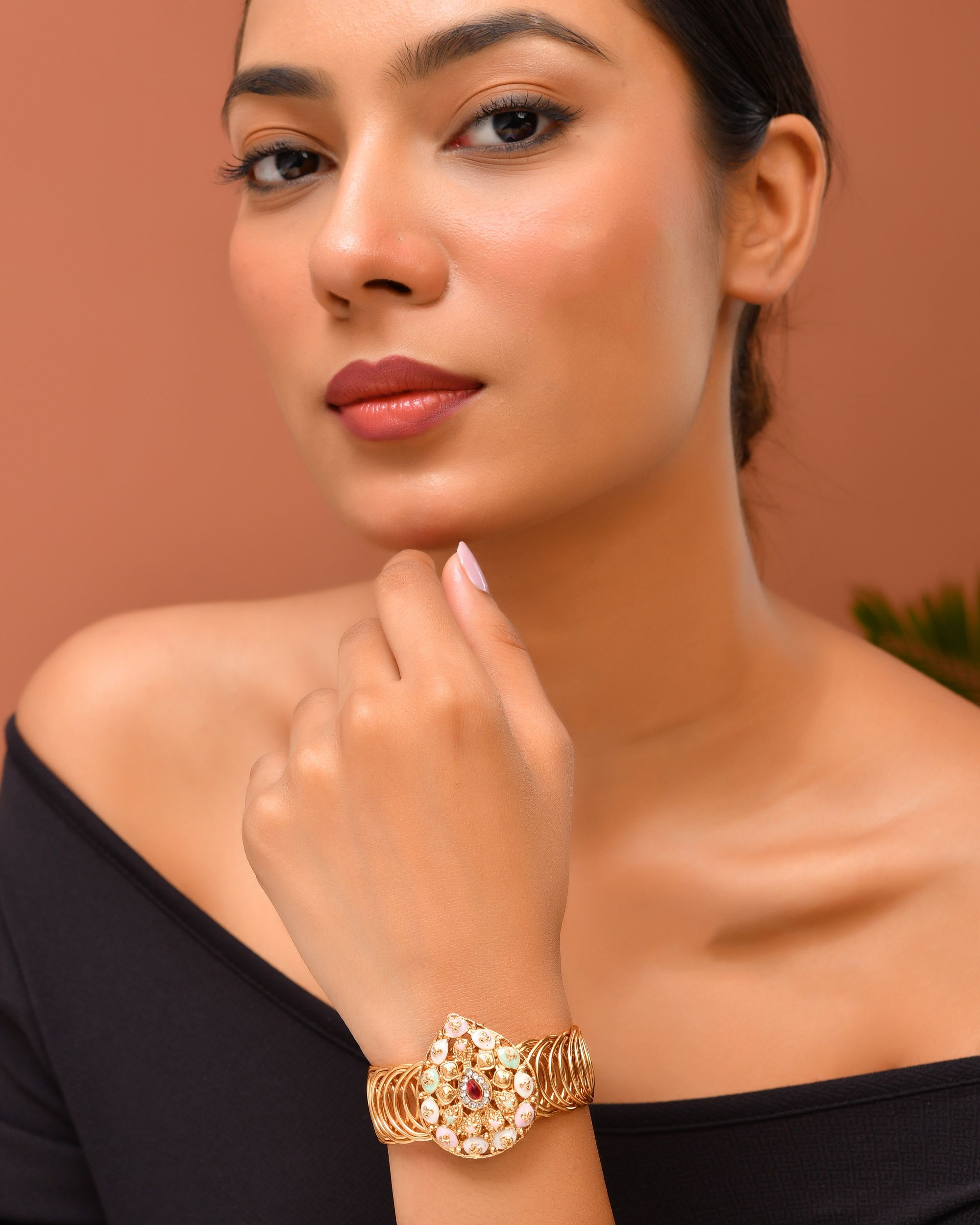 VOJ Stainless Steel Gold Polished Kundan Studded Wraparound Bracelet - Distacart