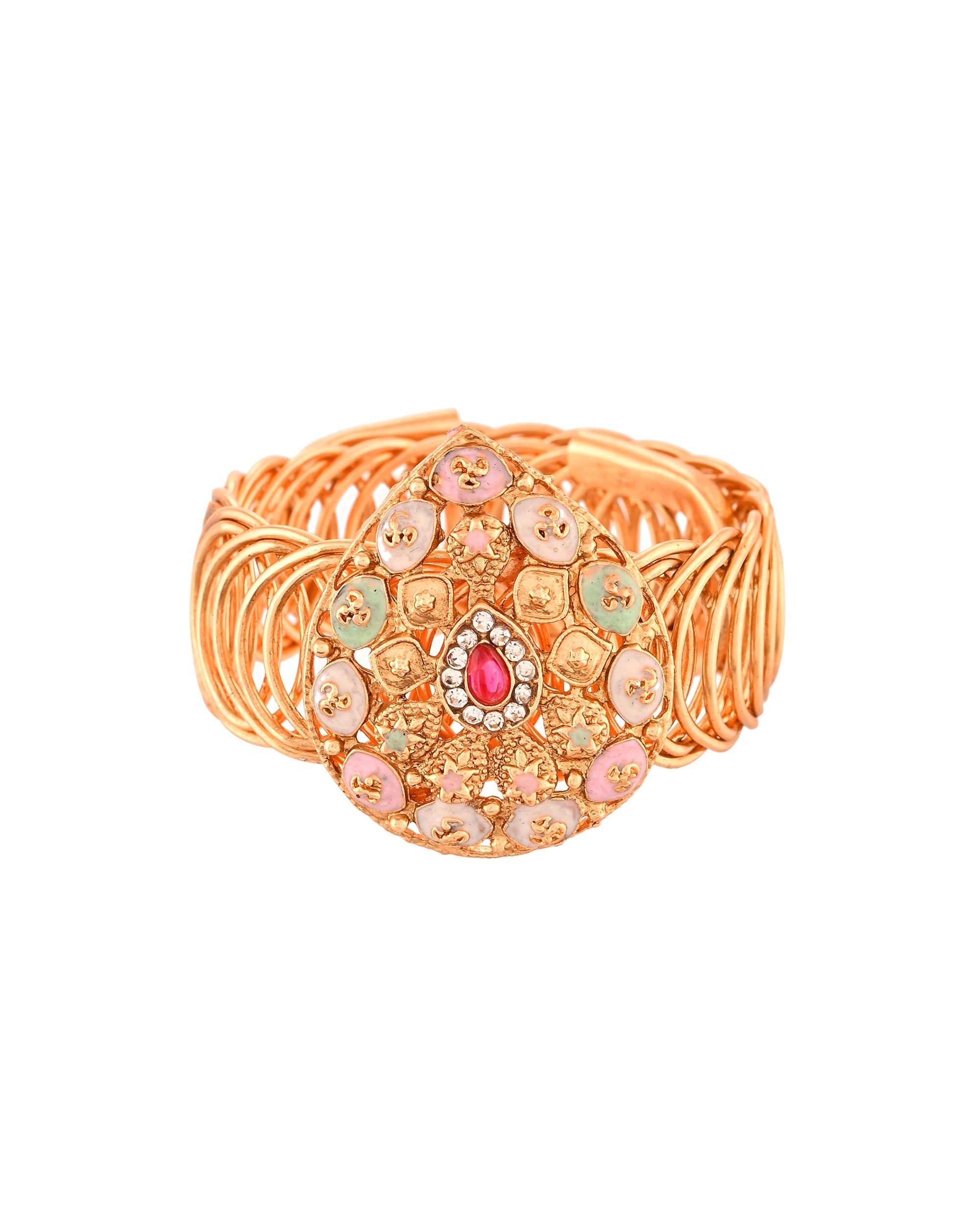 VOJ Stainless Steel Gold Polished Kundan Studded Wraparound Bracelet - Distacart