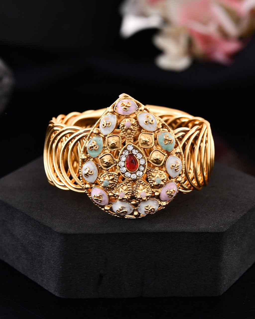 VOJ Stainless Steel Gold Polished Kundan Studded Wraparound Bracelet - Distacart