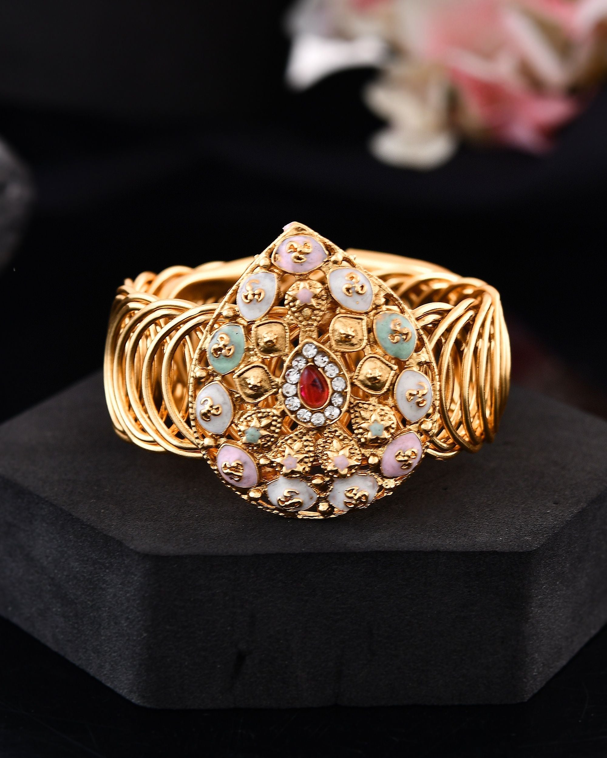 VOJ Stainless Steel Gold Polished Kundan Studded Wraparound Bracelet - Distacart