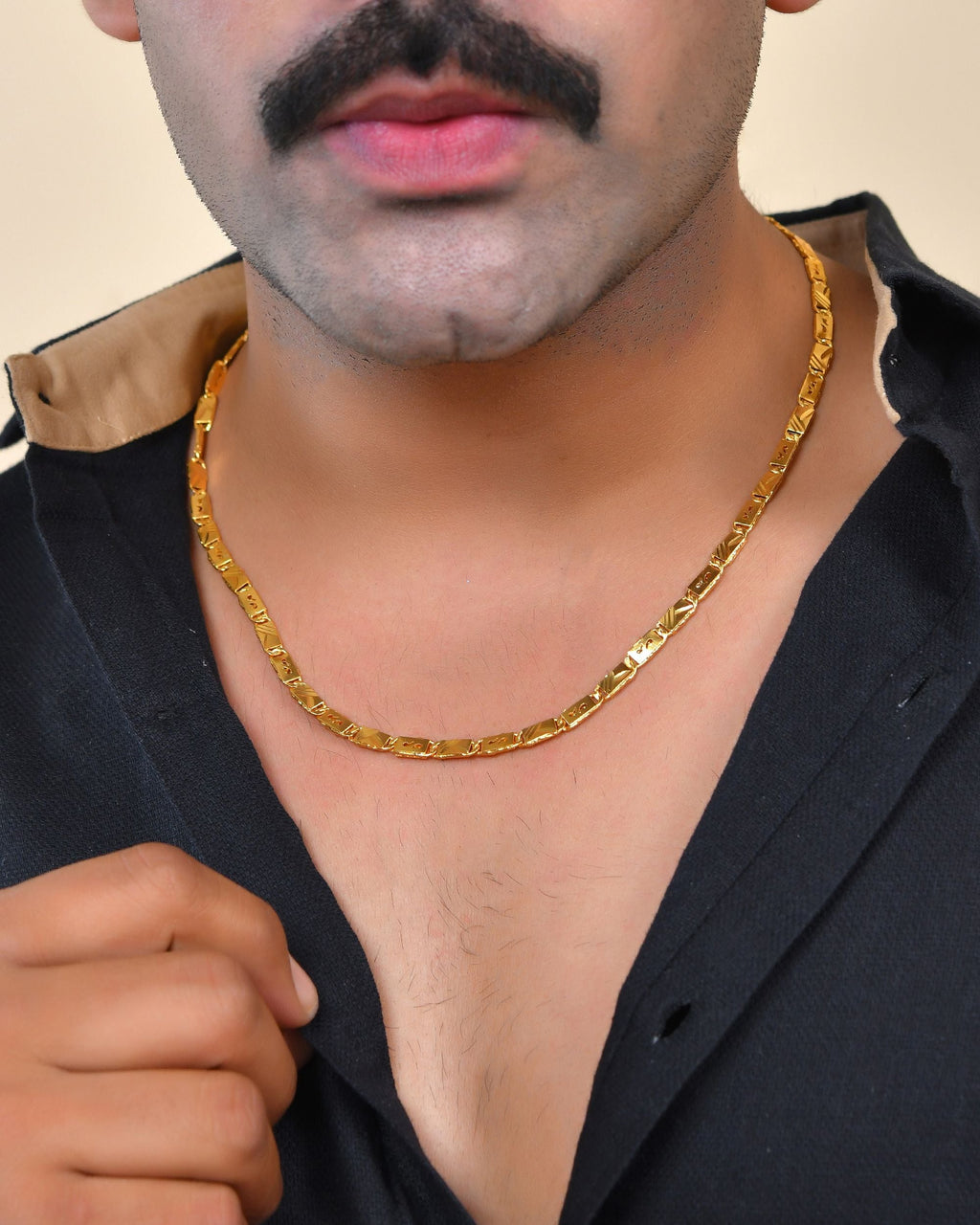VOJ Men's Gold Polished Stainless Steel Biscuit Chain With Hand Crafted Design - Distacart