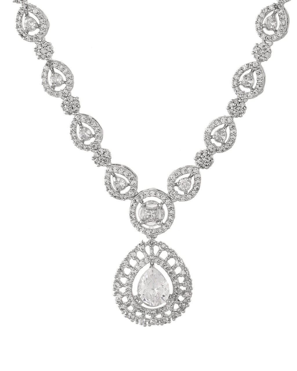 VOJ Silver Plated AD Stone Studded Elegant Necklace And Earrings Set