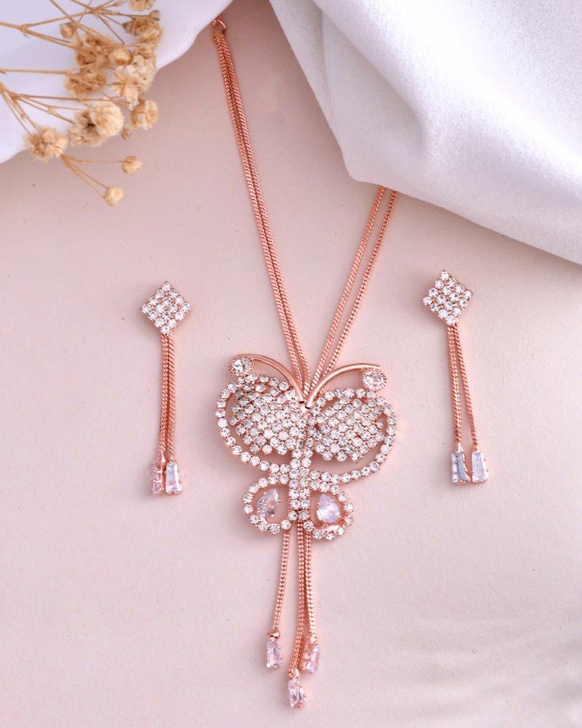 VOJ Rose Gold-Polished Butterfly Design Pendant Set