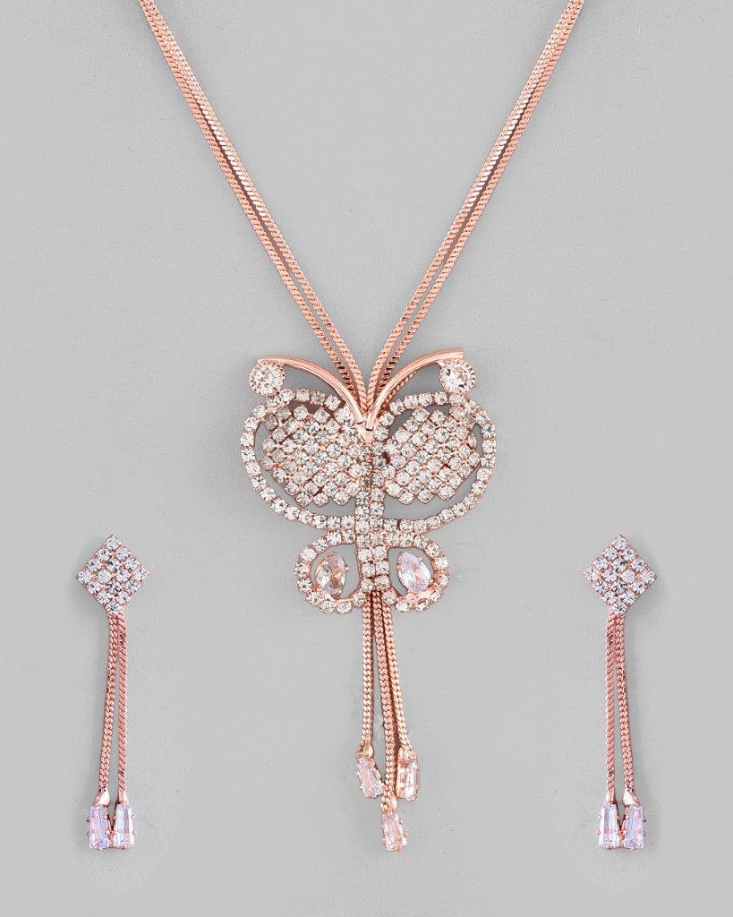 VOJ Rose Gold-Polished Butterfly Design Pendant Set