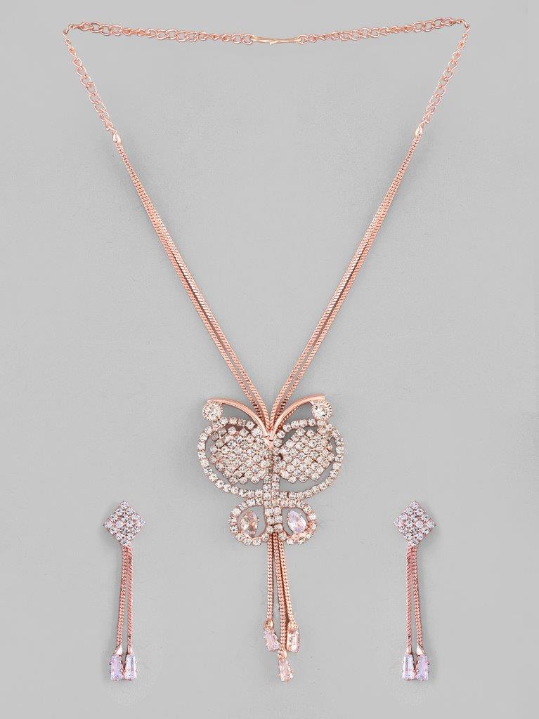 VOJ Rose Gold-Polished Butterfly Design Pendant Set