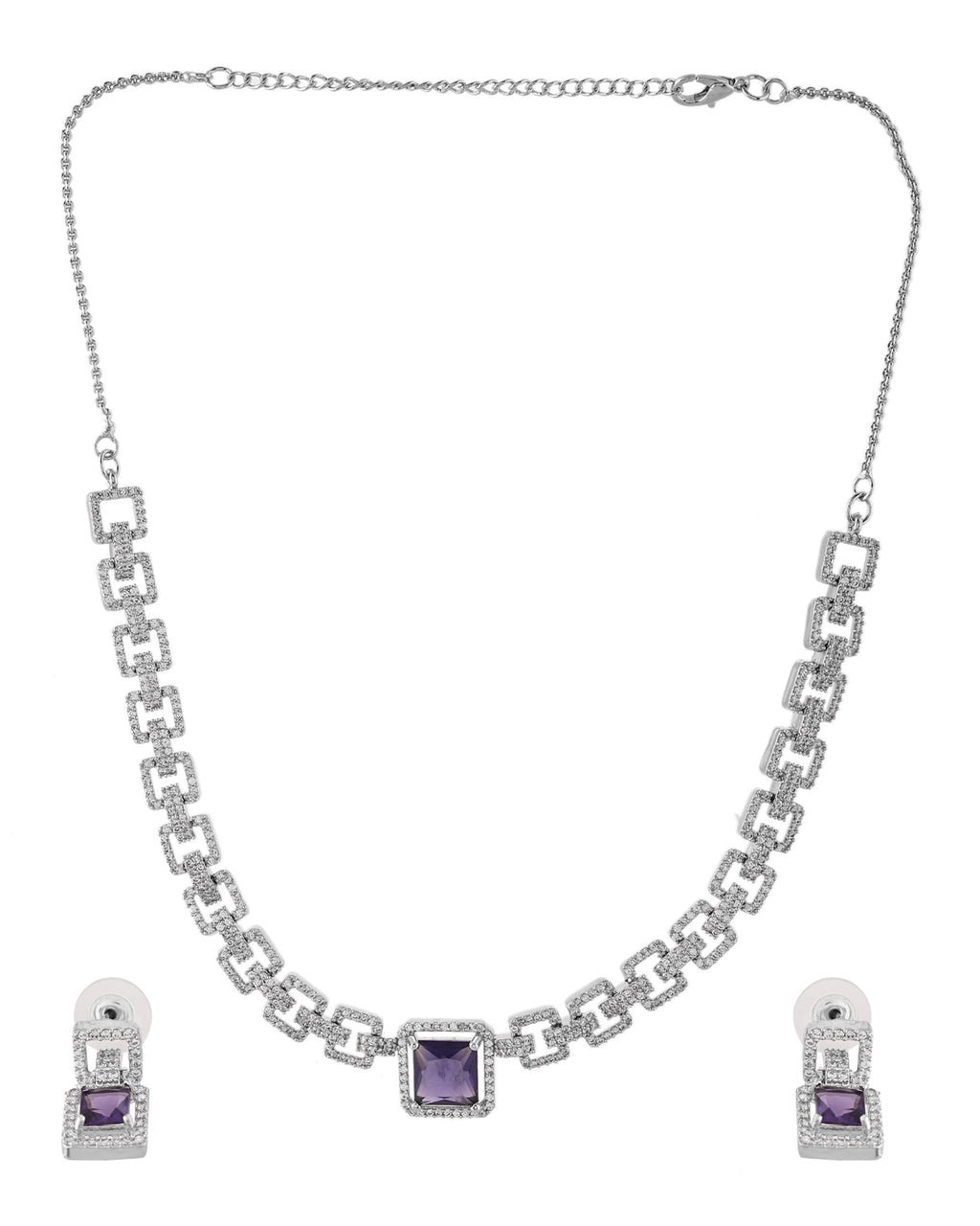 VOJ Silver Plated Geometric Shaped CZ Stone Studded Jewellery Set