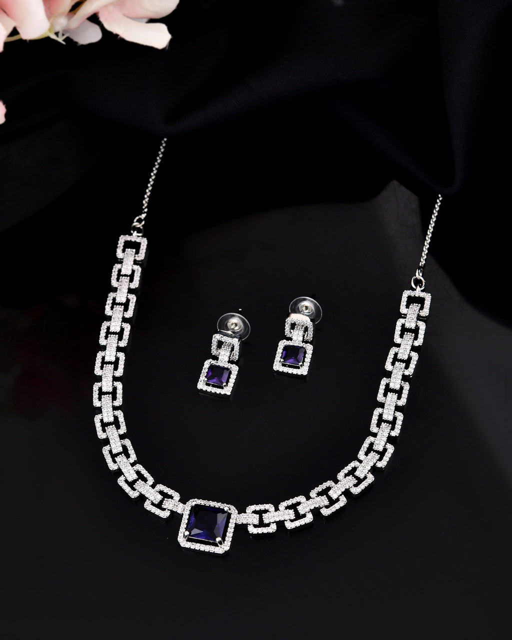 VOJ Silver Plated Geometric Shaped CZ Stone Studded Jewellery Set