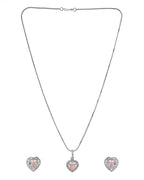 VOJ Silver Plated Baby Pink Stone Studded Heart Shaped Chain Set
